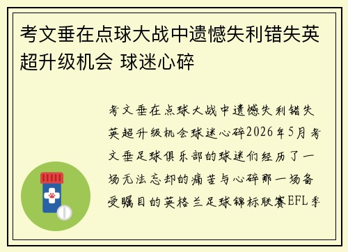 考文垂在点球大战中遗憾失利错失英超升级机会 球迷心碎